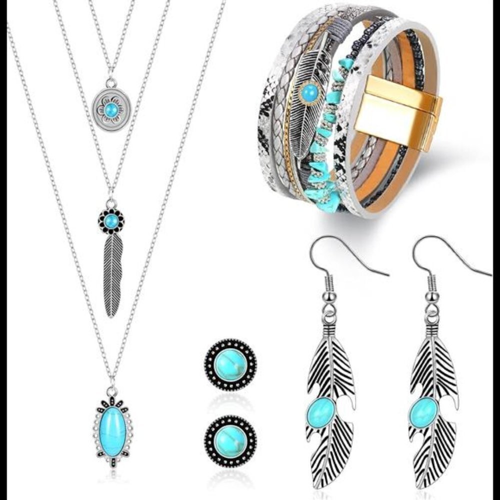 NEW 6 Pc Jewelry Set for Women Boho Turquoise Necklace Bracelet Earring …
